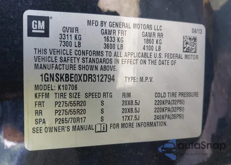 2013 Chevrolet Tahoe Lt z USA, uszkodzony, nr VIN 1GNSKBE0XDR312794